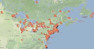 This map, generated by eBird, details the locations of snowy owls sighted in recent weeks.